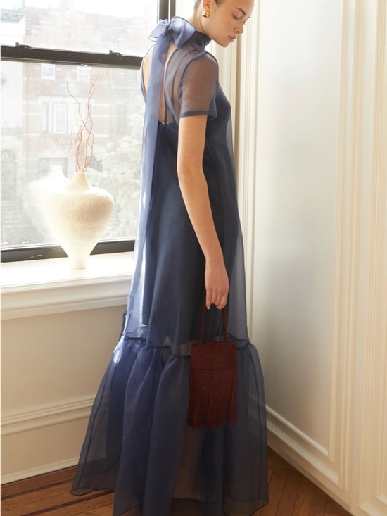Caara Dresses & Skirts - Navy Sheer Bow-Back Maxi Dress